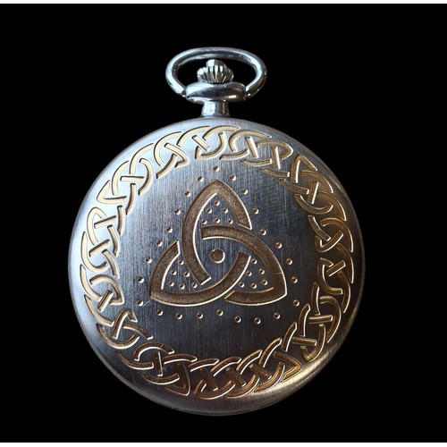 271 - A CELTIC DESIGN POCKET WATCH WITH CHAIN AND IN BOX