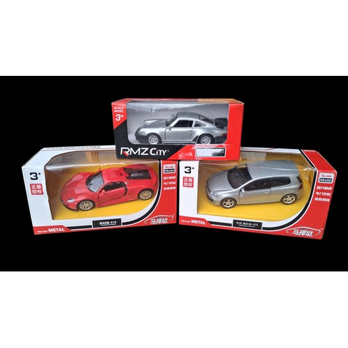 65 - 3 DIE CAST BOXED CARS PORSHE 918 SPYDER, PORSCHE 911, VOLKSWAGON GOLF GTI