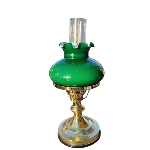 334 - VINTAGE BRASS OIL LAMP WITH GREEN GLASS SHADE 16