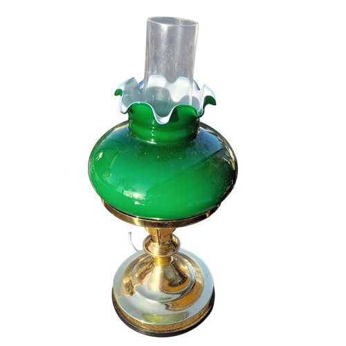 334 - VINTAGE BRASS OIL LAMP WITH GREEN GLASS SHADE 16