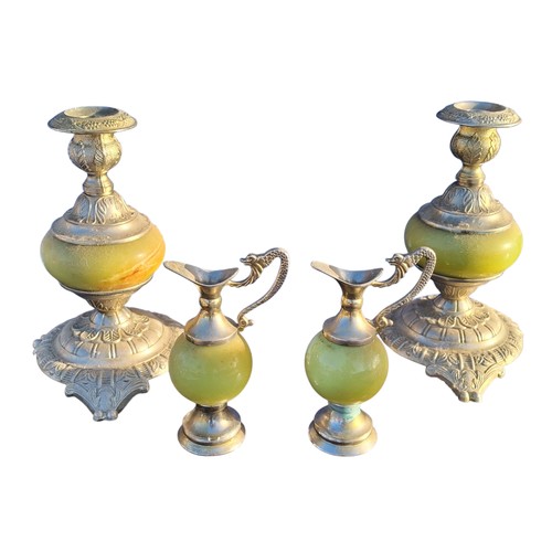 343 - VINTAGE ONYX AND MARBLE STYLE CANDLESTICKS AND MATCHING URNS