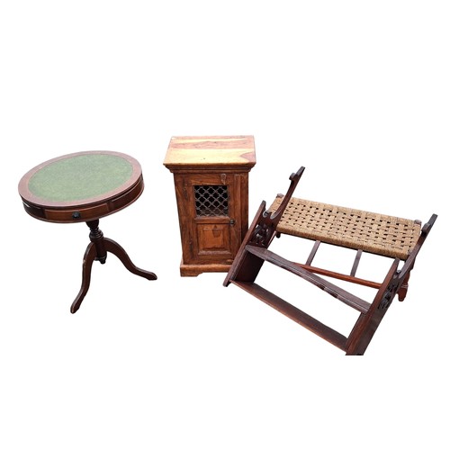 69 - AN ASSORTED LOT OF FURNITURE: DRUM TABLE, DEMI-LUNE TABLE, LONG SEAGRASS STOOL, SMALL TABLE, WALL SH... 