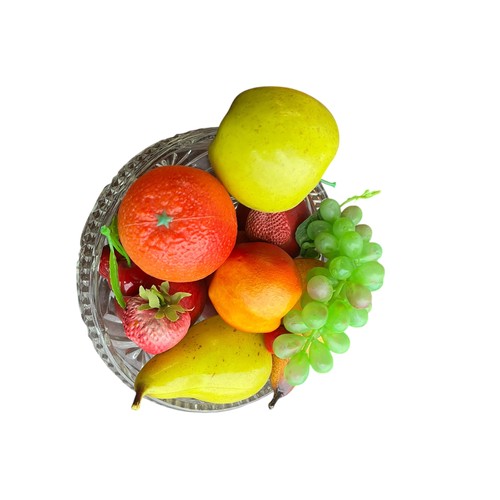 88 - A CUT GLASS FRUIT BOWL WITH ARTIFICAL FRUIT