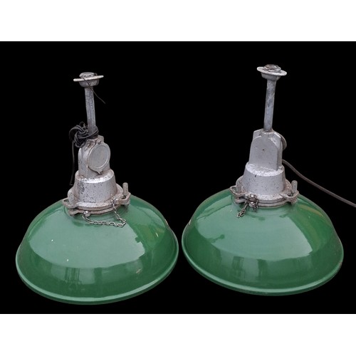 315 - 2 FANTASTIC INDUSTRIAL LIGHTS ORIGINAL FROM DOWNPATRICK TRAIN STATION WITH ORIGINAL GLASS IN GREEN F... 