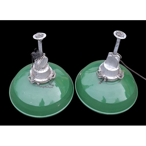 315 - 2 FANTASTIC INDUSTRIAL LIGHTS ORIGINAL FROM DOWNPATRICK TRAIN STATION WITH ORIGINAL GLASS IN GREEN F... 
