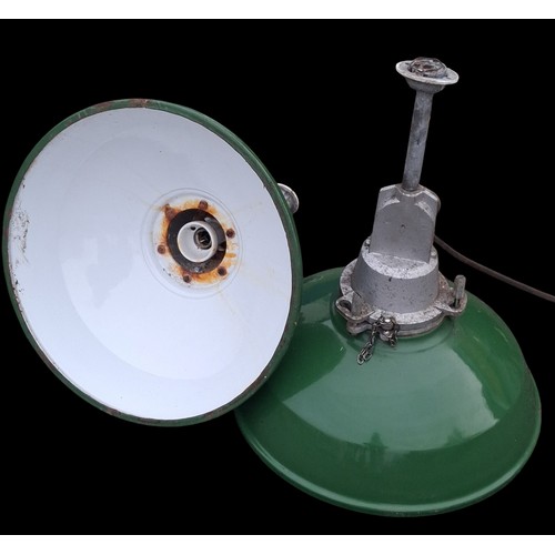 315 - 2 FANTASTIC INDUSTRIAL LIGHTS ORIGINAL FROM DOWNPATRICK TRAIN STATION WITH ORIGINAL GLASS IN GREEN F... 