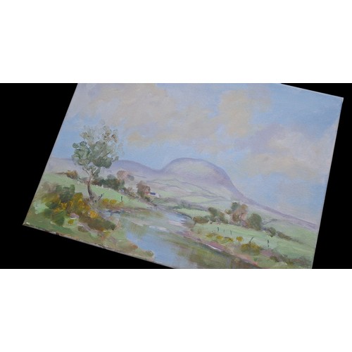 328 - AN ORIGINAL PAINTING OF SLEMISH MOUNTAIN IN ALL ITS GLORY BY ARTIST ANNE KELLY MEASURES 12 x16