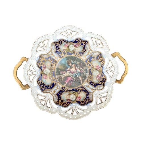 349 - A BEAUTIFUL SHAPED HANDPAINTED PLATE WITH MARKINGS