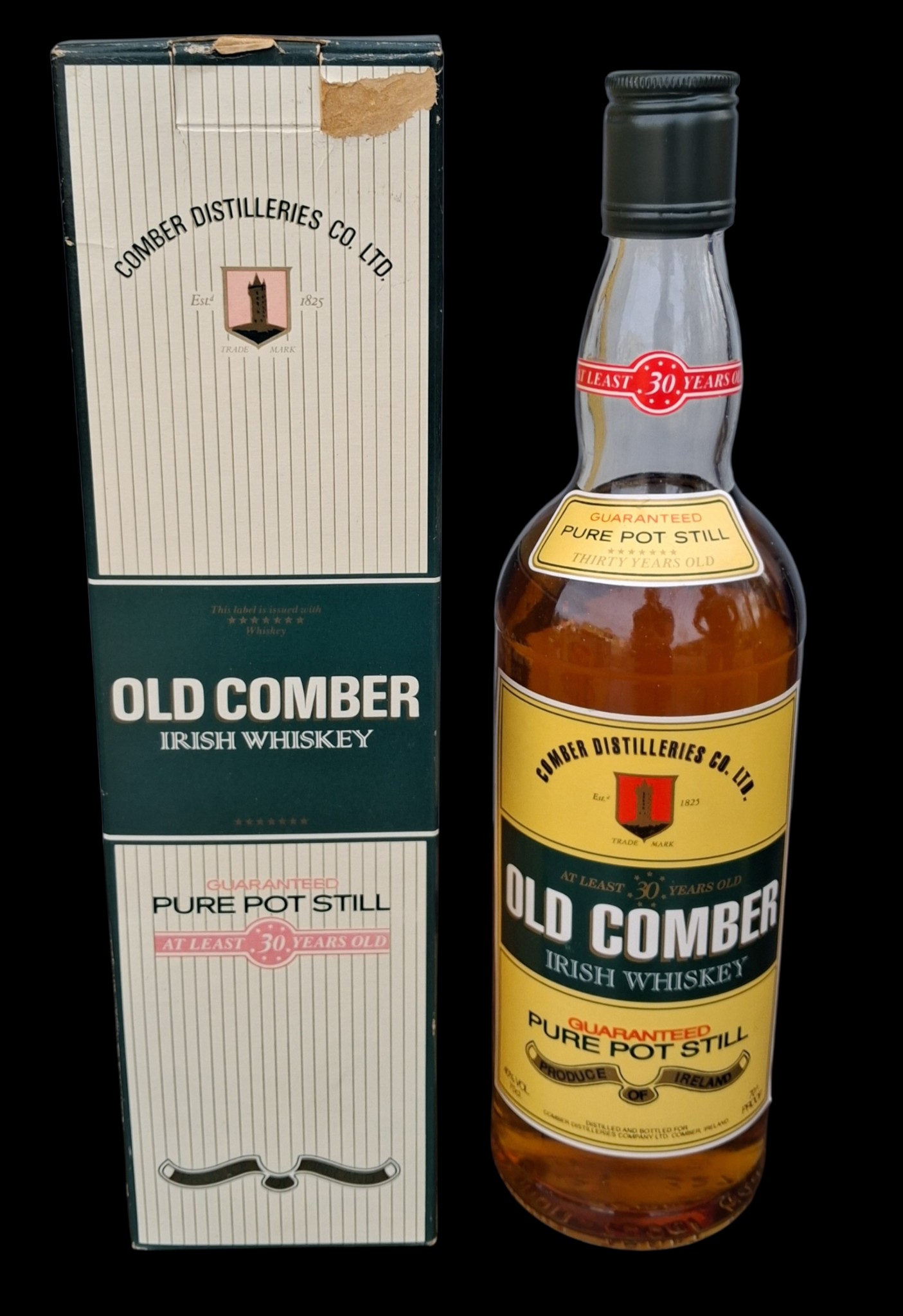 OLD COMBER IRISH WHISKEY PURE POT STILL, 30 YR OLD BOXED AND SEALED