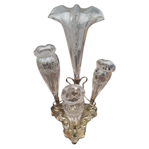 146 - A 4 BRANCH ETCHED ANTIQUE GLASS AND PLATED EPIRIN