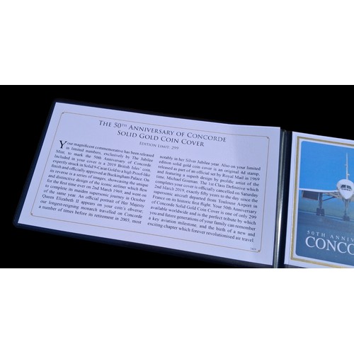 663 - A LIMITED EDITION 9CT GOLD COIN 50TH ANNIVERSARY OF CONCORDE WITH PAPERS AND SLEEVE