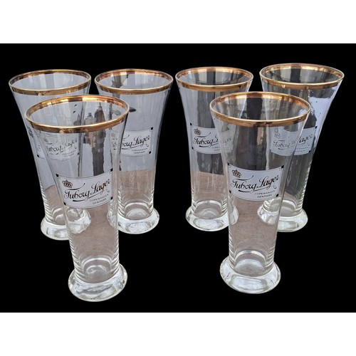 111 - 6 Vintage Tuborg Beer Glasses: Gold Rum, Crown Emblem Capacity 400mls