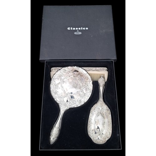 A QUALITY BOXED PLATED DRESSING TABLE SET