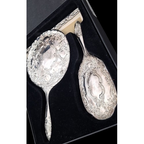 A QUALITY BOXED PLATED DRESSING TABLE SET