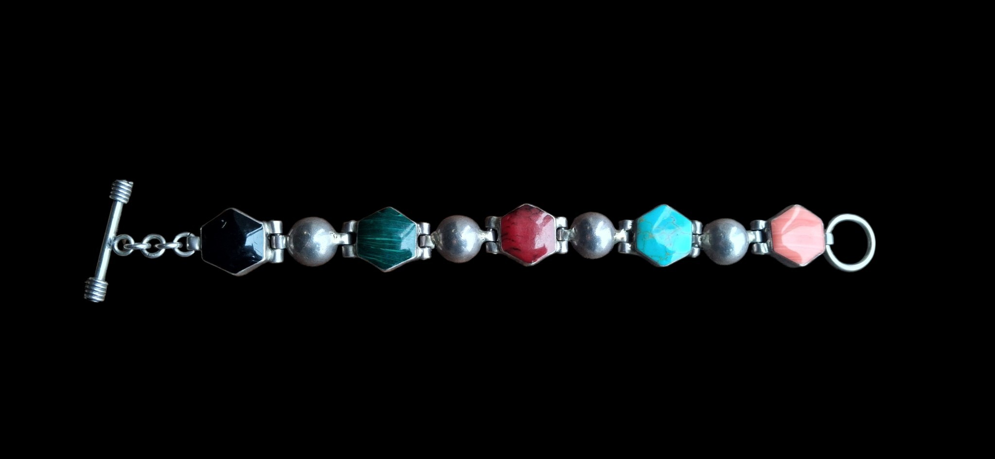 A SUPERB SILVER PANEL BRACELET SET WITH NATURAL STONES MALACHITE ...