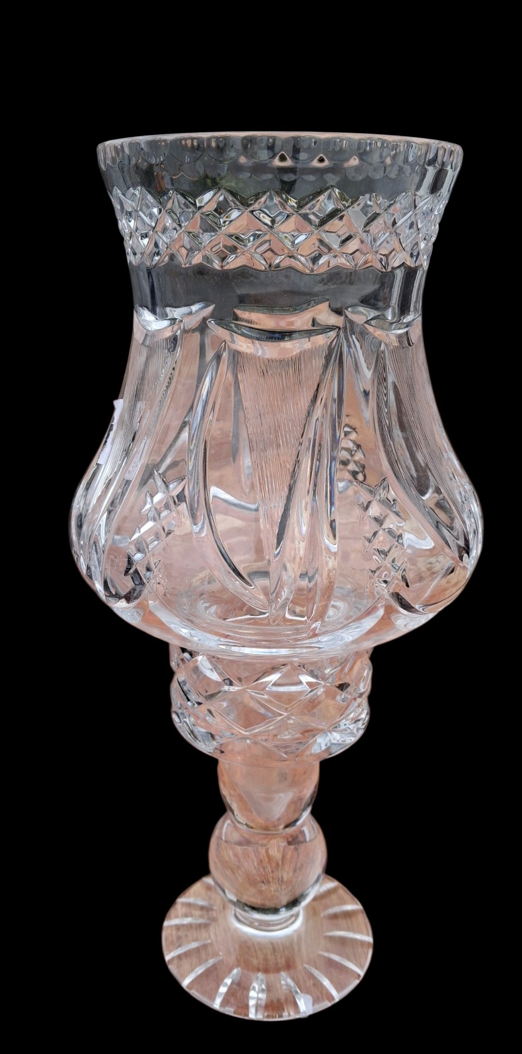 A CRYSTAL CANDLE LANTERN WITH AN ETCHED IRISH HARP DESIGN