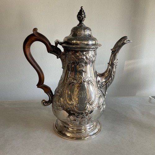 246 - George III Rococo Silver Coffee Pot 

London John Deacon 1771 Fruitwood Scroll Handle
Engraved on ba... 