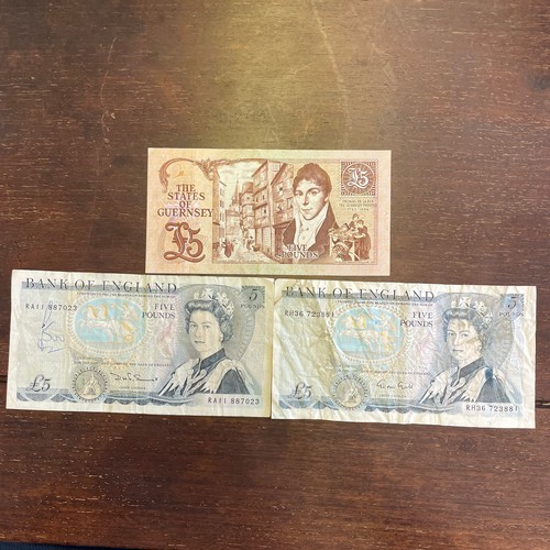 250 - Bank of England £5 Note x 2 & The States of Guernsey £5 Note x 1