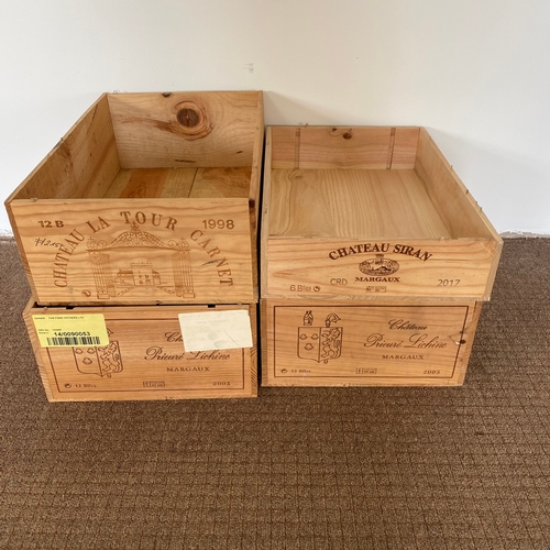 114 - Vintage Wooden Wine Crates x 4

Size:
Chateau Siran (Half Size) - 33cm x 50cm x 10cm
Chateau Prieure... 