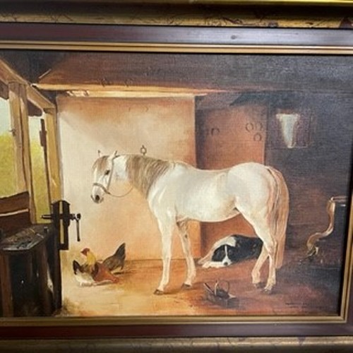 213 - Various Paintings:

Cottage scene by 'MJK'
Horse by 'Margaret May' - 'After Coward Smyth'
Boat Paint... 