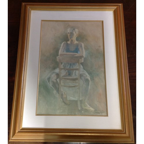 63 - Large Watercolour of Ballet Dancer on a Chair
by Guernsey Artist ' S De La Mare'. 

Size: 67.5cm x 8... 