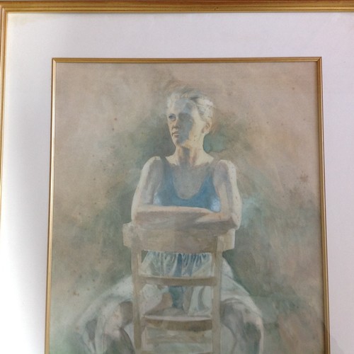 63 - Large Watercolour of Ballet Dancer on a Chair
by Guernsey Artist ' S De La Mare'. 

Size: 67.5cm x 8... 