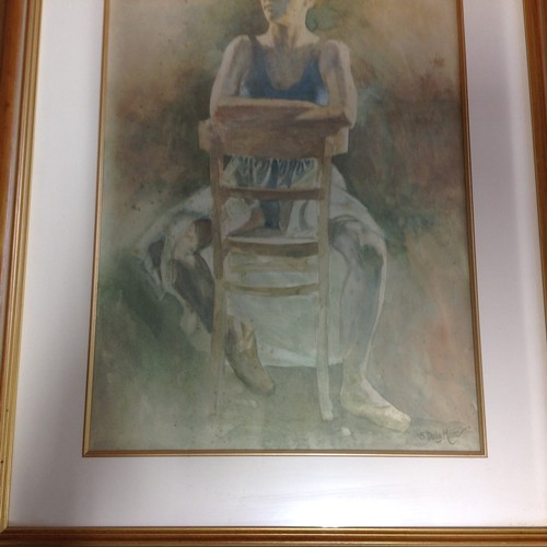 63 - Large Watercolour of Ballet Dancer on a Chair
by Guernsey Artist ' S De La Mare'. 

Size: 67.5cm x 8... 