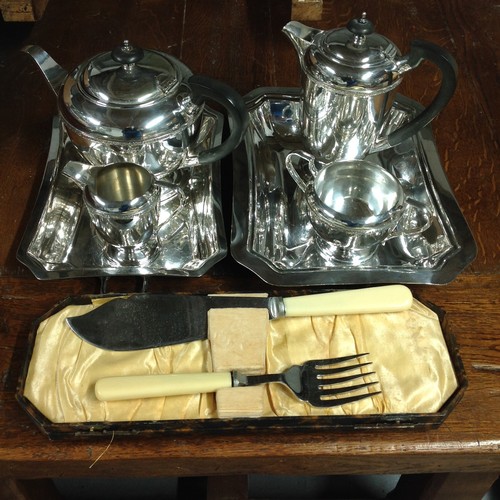 106 - Eight Silver Plated Items comprising of two trays, coffee pot, tea pot, sugar bowl, creamer, and cak... 