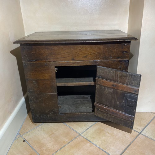 83 - Late 17th Century Oak Food Hutch Cupboard. English, two plank top with a molded edge above a deep pl... 