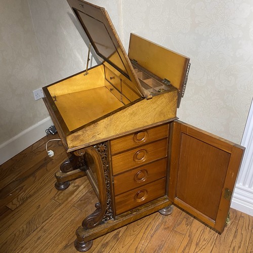 87 - Burr Walnut Davenport c.1860. Hinged top stationary compartment with brass gallery, above a hinged w... 