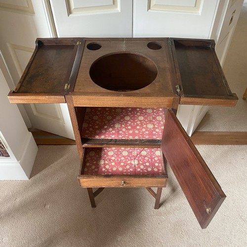 90 - George III Mahogany Night Stand. c. 1800. Hinged two section top with cut-outs to the interior for b... 