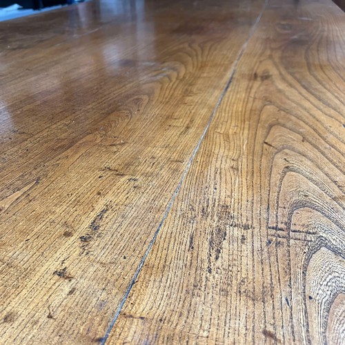 86 - 19th Century French Elm Refectory Style Farmhouse Table. Three plank top with rebated ends and reded... 