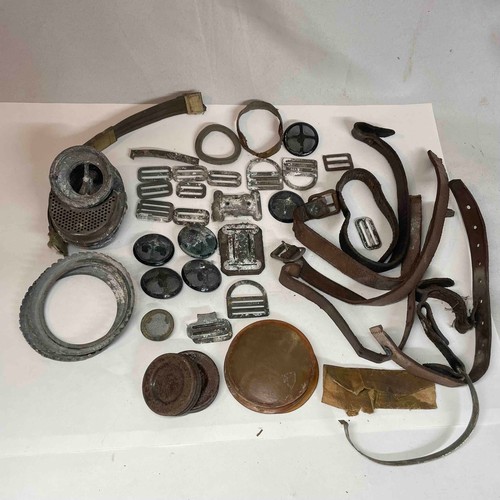 169 - World War II German Rummage Box (3) to include Gas Mask Parts and Helmet Straps