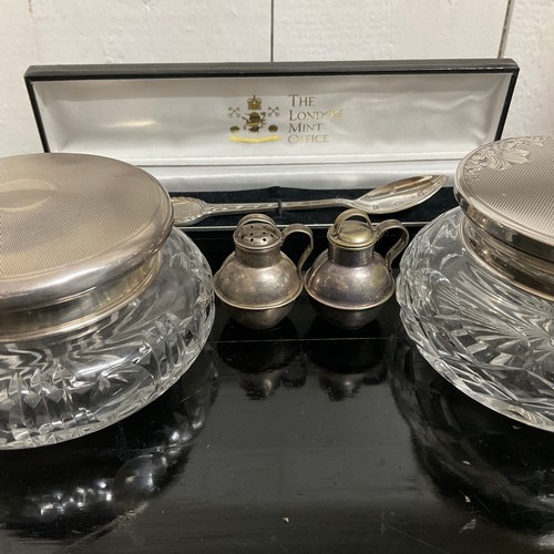 19 - Rummage Box of Sterling Silver Items (185g).
To include: Vanity Pots with Silver Tops and Crystal Ba... 