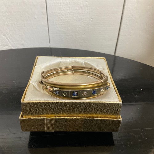 22 - Antique Victorian 9ct Gold, Sapphire & Diamond Bangle (weighs 15g).