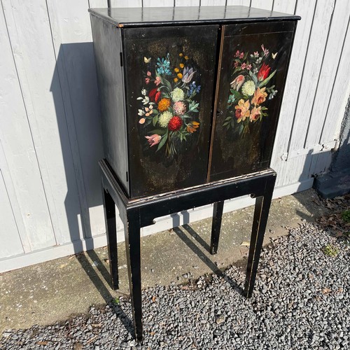 26 - Antique Black Hand Painted Decorative Collectors Cabinet on Stand With 10 Drawers, 8 with Specimen G... 