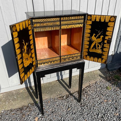 26 - Antique Black Hand Painted Decorative Collectors Cabinet on Stand With 10 Drawers, 8 with Specimen G... 