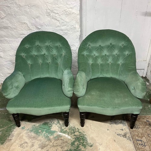 45 - A Pair Of Green Velour Nursing Chairs 

W:74cm D:76cm H:89cm