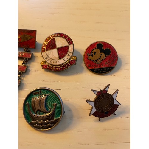 348A - Collection of Vintage Enamel Badges inc 1930's Mickey Mouse Chums, 1949-1953 Wimbledon Speedway Supp... 