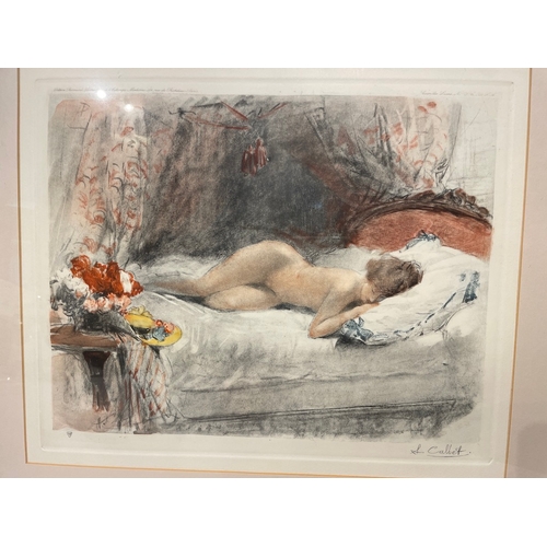 18 - A Pair of framed Antoine Calbet original Lithographs of reclining nudes 
47cm x 52xm