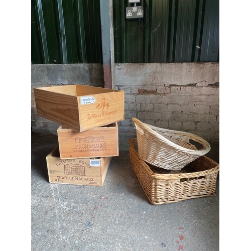 359 - Collection of wooden wine crates + 2 wicker baskets