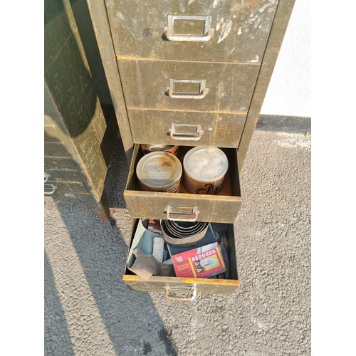 323 - Two Vintage Metal Multi Draw Cabinets including contents wood work and engineering tools plus others