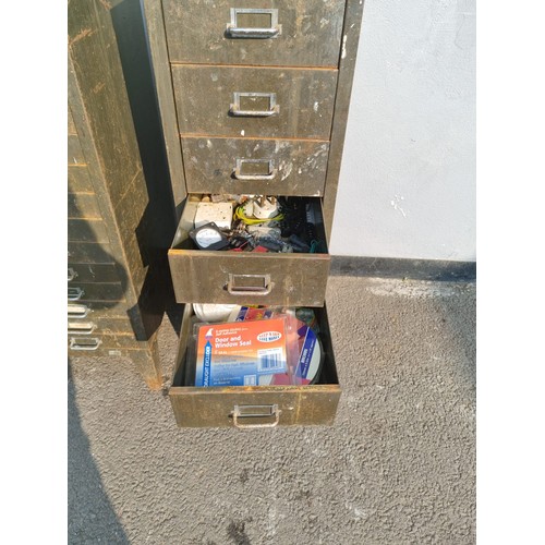 323 - Two Vintage Metal Multi Draw Cabinets including contents wood work and engineering tools plus others