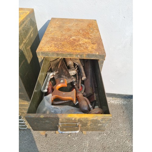 323 - Two Vintage Metal Multi Draw Cabinets including contents wood work and engineering tools plus others