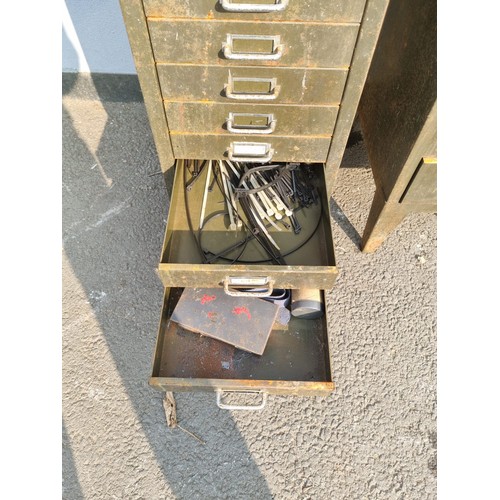 323 - Two Vintage Metal Multi Draw Cabinets including contents wood work and engineering tools plus others