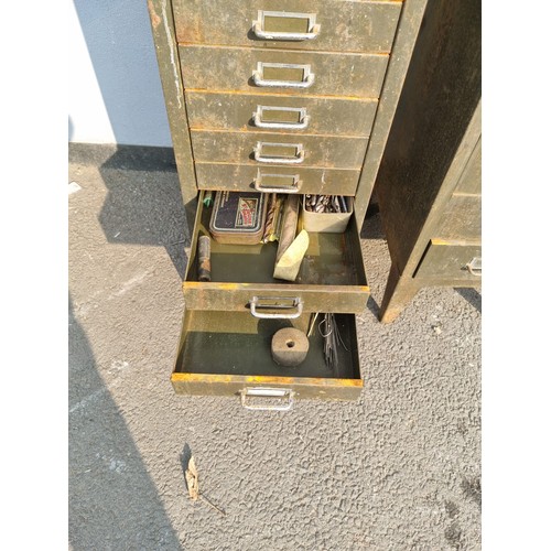 323 - Two Vintage Metal Multi Draw Cabinets including contents wood work and engineering tools plus others