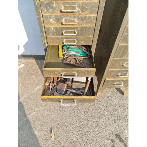 323 - Two Vintage Metal Multi Draw Cabinets including contents wood work and engineering tools plus others