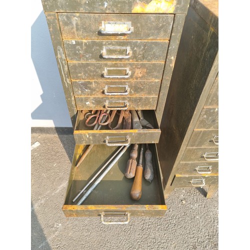 323 - Two Vintage Metal Multi Draw Cabinets including contents wood work and engineering tools plus others