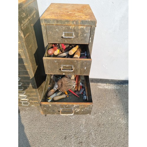 323 - Two Vintage Metal Multi Draw Cabinets including contents wood work and engineering tools plus others