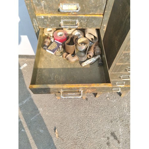 323 - Two Vintage Metal Multi Draw Cabinets including contents wood work and engineering tools plus others